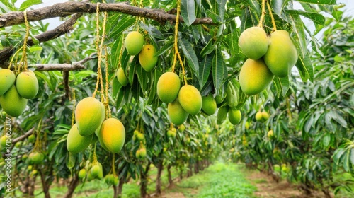A vibrant mango orchard showcases rows of mango trees loaded with unripe fruits. The lush greenery and overcast sky indicate a healthy growth stage for the mangoes.