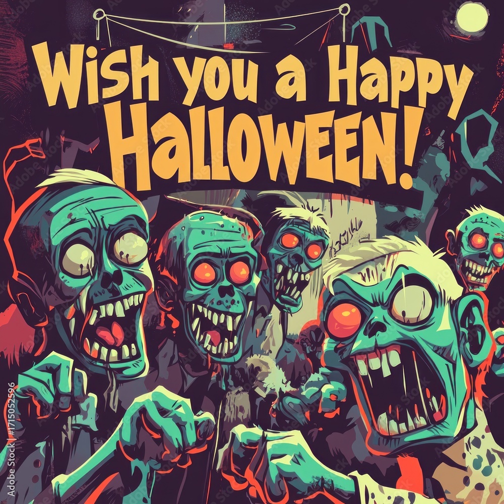 Obraz premium Spooky Happy Halloween Greeting with Cartoon Zombies with Copy. Creepy Undead Characters in Night Graveyard Scene with text, Perfect for Horror Party Posters, Invitations, Stickers.