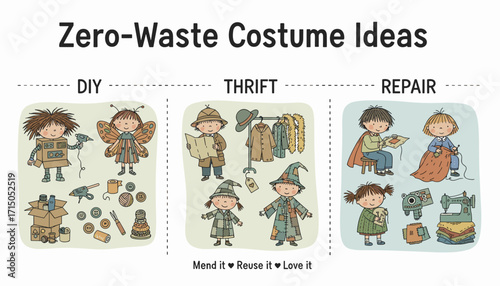 Kids creating zerowaste costumes through DIY thrift and repair promoting sustainability