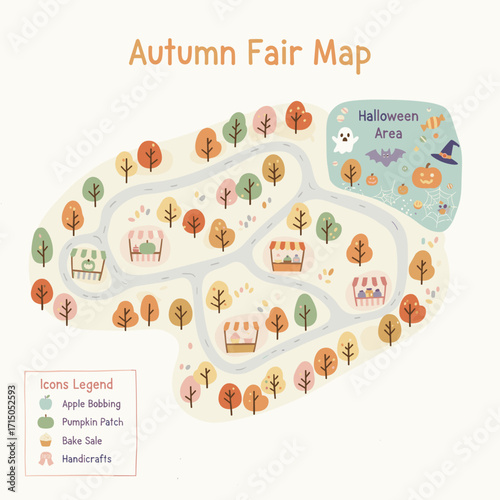 Autumn fair map with Halloween area Seasonal activities like pumpkin patch bake sale crafts