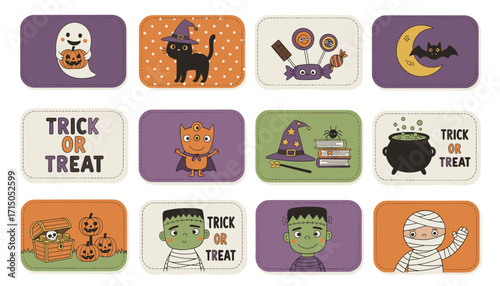 Playful Halloween cartoon stickers with ghosts monsters and spooky elements for festive design