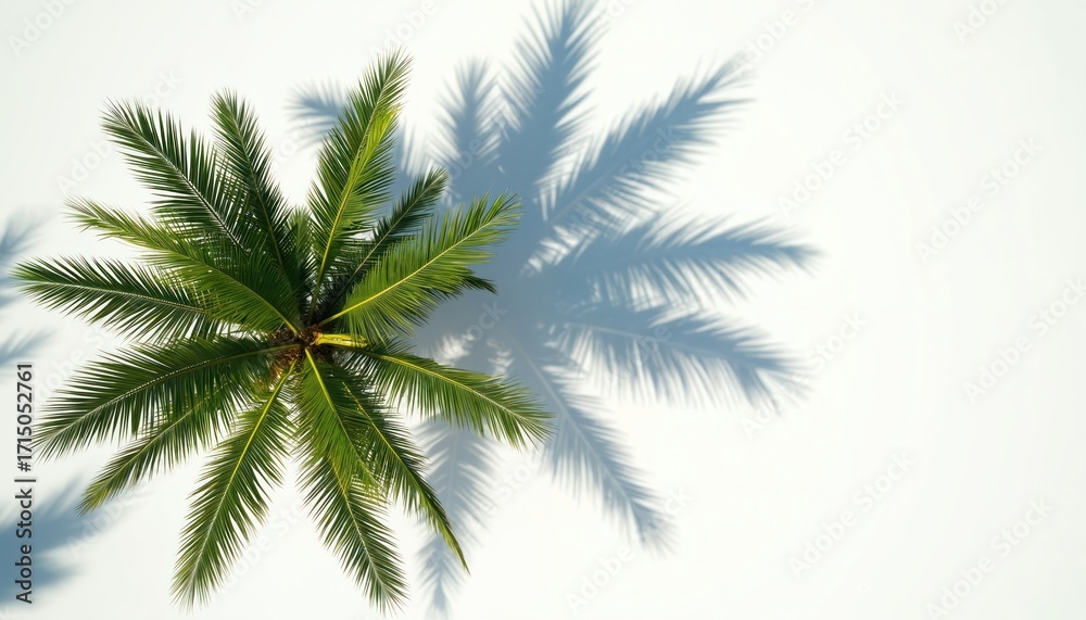 Fototapeta premium Isolated coconut palm tree viewed from directly above on clean white background. Green fronds cast distinct shadows, suggesting sunny tropical summer day. Minimalist botanical composition evokes