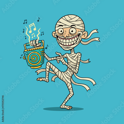 Cheerful cartoon mummy dancing with a retro boombox enjoying music and a lively party mood
