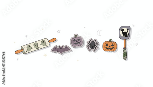 Cute Halloween baking tools and decorations illustration for festive fun and celebration