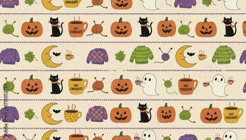 Charming seamless pattern of autumn and Halloween icons on a cozy knit texture Perfect for fall designs