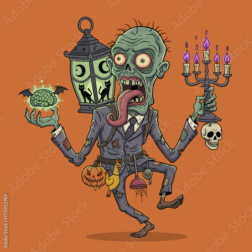 Cartoon zombie holds glowing brain  candelabra for Halloween horror or spooky themes
