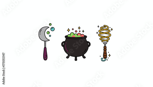 Whimsical magic and potion elements for Halloween or fantasy designs Witch cauldron moon spoon whisk