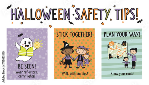Illustrations providing Halloween safety tips for children visibility walking together and route planning