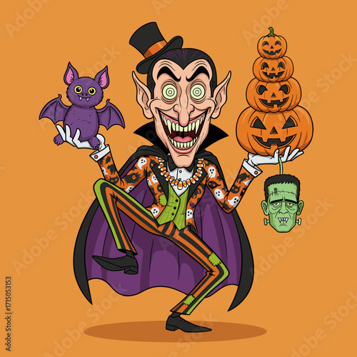 Smiling vampire holding a bat jackolanterns and Frankenstein head for Halloween fun