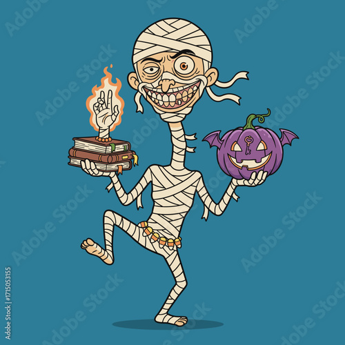 Smiling cartoon mummy holds ancient books a flaming hand and a Halloween pumpkin