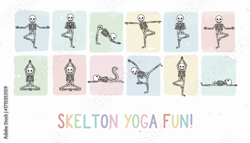 Funny cartoon skeletons practicing yoga poses on pastel watercolor blocks Health fitness fun exercise concept