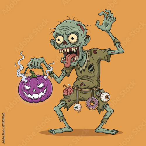 Funny zombie with a scary pumpkin bucket perfect for Halloween fun and spooky celebrations
