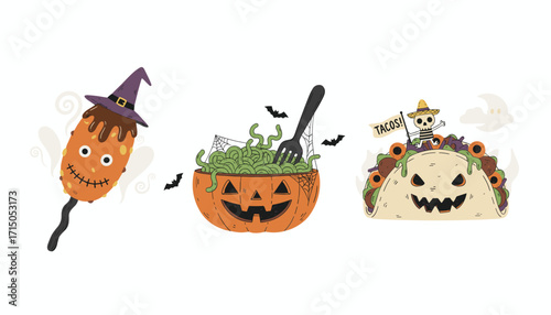 Whimsical Halloween food illustrations spooky corn dog pumpkin pasta and monster taco for festive fun