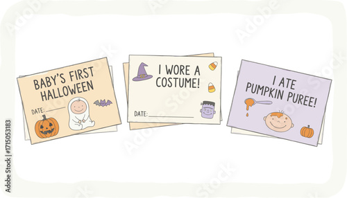 Cute milestone cards for babys first Halloween costumes pumpkin puree and celebration