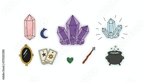 Handdrawn set of magic witch and crystal elements for fantasy spiritual and occult designs