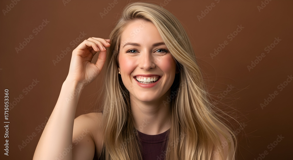 Obraz premium Joyful Blonde Woman with Radiant Smile and Flowing Hair, Beautiful Portrait on Brown Background