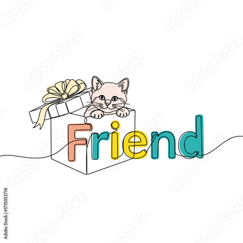 Cute cat in a gift box with 'Friend' text for heartwarming friendship illustrations