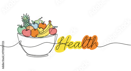 Bowl of fresh fruits with 'Health' text for healthy living and nutrition concepts
