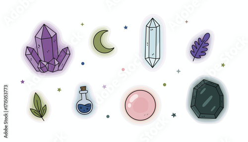 Handdrawn mystical items crystals moon potion leaves Perfect for fantasy spiritual wellness themes