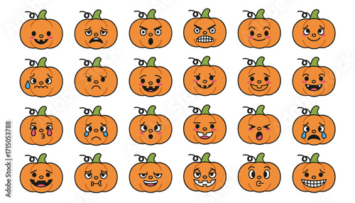 Diverse cartoon pumpkin emotions for Halloween autumn and seasonal design projects