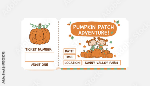 Cute pumpkin patch adventure ticket with happy kids and autumn leaves perfect for fall events