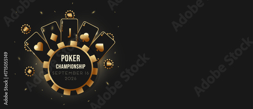 A large casino chip with text space and playing cards in black and gold with backlighting. Casino background design for websites, templates, banners, businesses, and vector illustrations.
