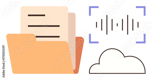 Open folder holding papers, audio waveform with focus brackets, and cloud outline. Ideal for cloud storage, digital files, multimedia, organization, data sharing, remote work simple flat metaphor