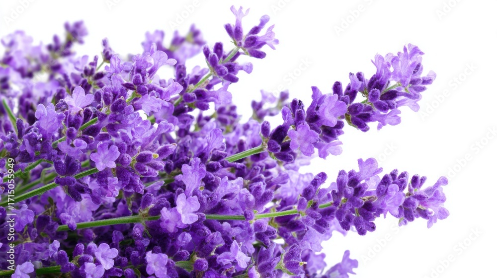 Fototapeta premium A bouquet of lavender blossoms displays rich purple hues, arranged naturally with green stems. Perfect for enhancing home decor or used in herbal remedies. A calming presence in any space.