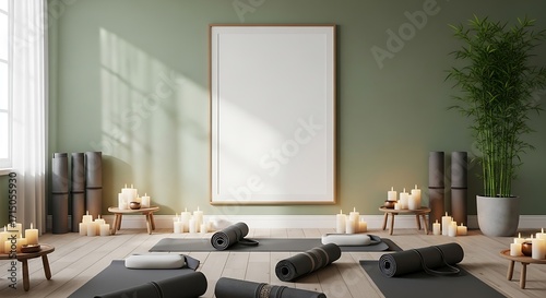 Serene yoga studio with blank canvas ready for inspirational art and natural light