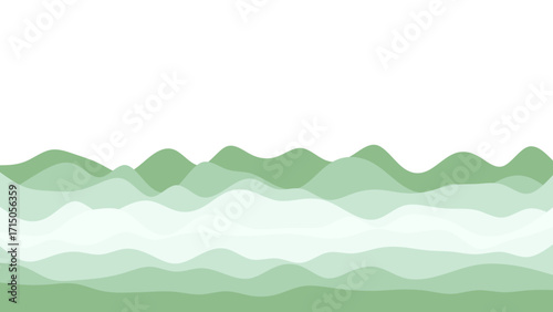 Abstract layered green waves illustration, suggesting rolling hills or a tranquil landscape. Ideal for modern design backgrounds, environmental concepts, or digital art.