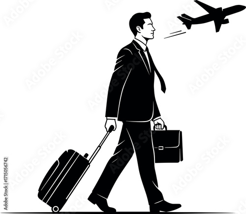 Business traveler walking with suitcase and briefcase under airplane, professional man commuting for corporate travel, airport journey vector illustration