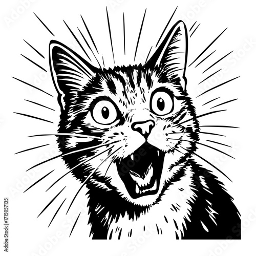 Black and white startled cat head, surprised expression isolated
