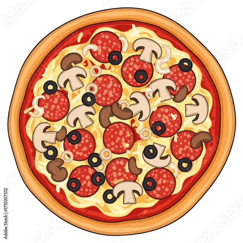 Top view of a pepperoni and mushroom pizza with cheese and olives.