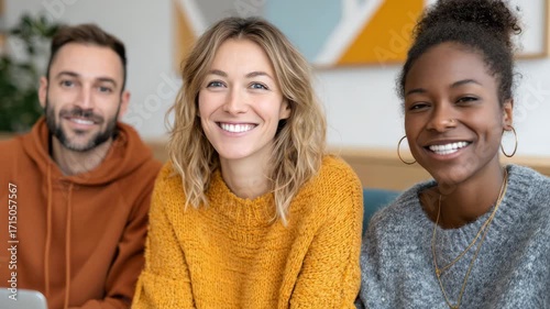 Smiling friends collaborating in cozy office environment
