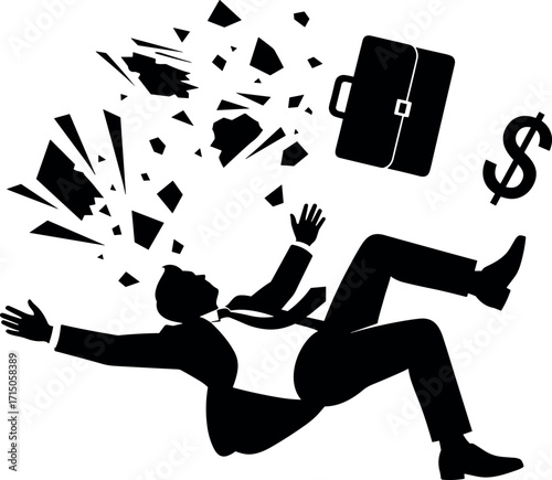 Businessman falling through shattered glass with dollar sign and briefcase, symbolizing financial crisis, bankruptcy, failure, risk, and collapse.