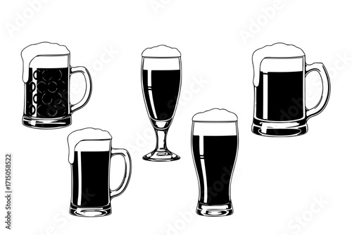 Beer mug vector set clipart design featuring various styles of beer glasses and mugs with frothy tops. Perfect for bar menus, Oktoberfest themes, pub signs, party invites, and drink-related designs.
