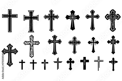 Faith cross vector set collection clipart design featuring various Christian cross styles. Ideal for religious projects, church materials, tattoos, logos, Easter designs, and spiritual-themed artwork.
