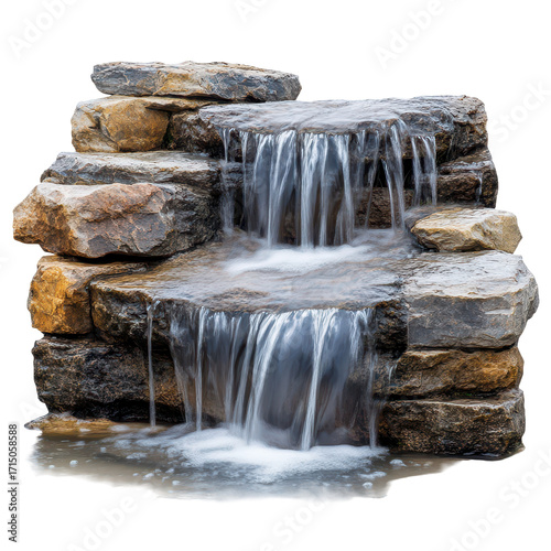 Serene natural waterfall, A tranquil waterfall cascading over rocks, surrounded by lush greenery and reflecting sunlight, isolated on transparent background