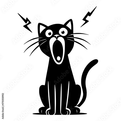 Startled cartoon black cat screaming with lightning bolts
