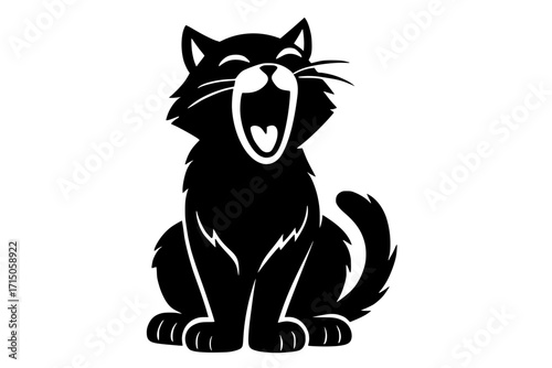 Stylized black cat yawning with mouth open isolated

