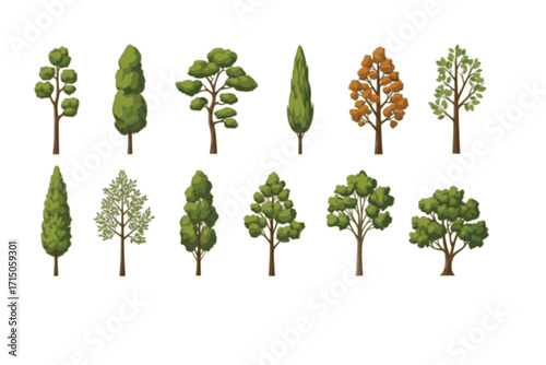 Tree vector set collection clipart design featuring various tree shapes and styles, ideal for nature themes, eco projects, landscaping designs, educational materials, and environmental graphics.