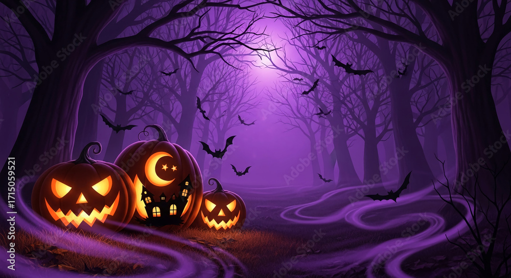 Fototapeta premium Lit jack-o'-lanterns in spooky purple forest, bats flying, creating Halloween atmosphere, ideal for seasonal greetings or themed designs
