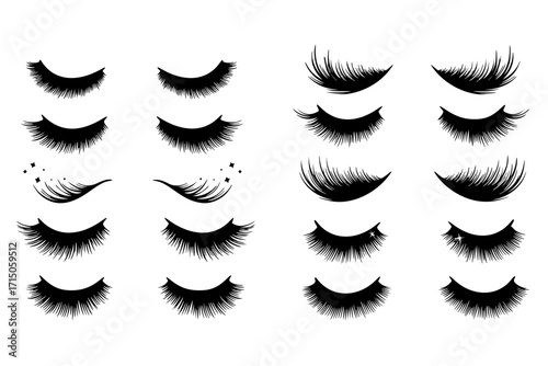 Eyelash vector set collection clipart design featuring various eyelash styles, curls, and shapes. Ideal for beauty salons, makeup artists, branding, packaging, logos, and cosmetic-related projects.