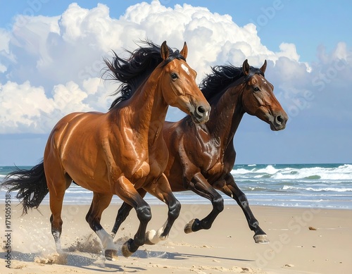 Two magnificent horses, chestnut and dark brown, gallop across a sandy beach, waves gently lapping at the shoreline, under a vibrant blue sky with fluffy white clouds.