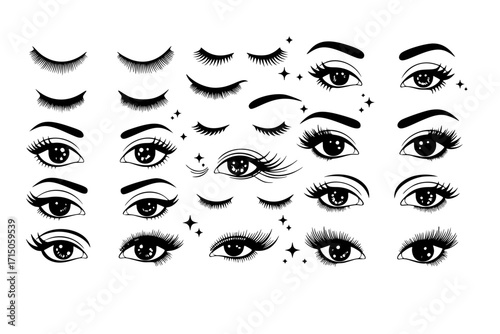 Eyelash vector set collection clipart design featuring various eyelash styles, curls, and shapes. Ideal for beauty salons, makeup artists, branding, packaging, logos, and cosmetic-related projects.