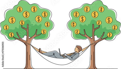Businessman relaxing in hammock earning passive income under money trees, financial freedom concept, remote work success, wealth generation vector illustration