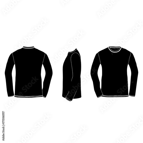 Black Long Sleeve Shirt: An illustrative view of a black long sleeve shirt, showcasing front, side, and back perspectives template long sleeve vector