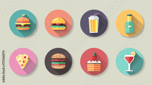 Fast Food Icons Burger Pizza Drinks Cake.