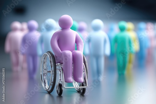 A group of colorful figures gathers, showcasing diversity and inclusion, while a purple figure in a wheelchair stands out, representing happiness and invalidity in a supportive environment