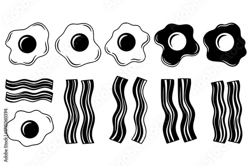 Egg and bacon vector set collection clipart design featuring various styles of fried eggs, bacon strips, and breakfast combos. Perfect for diner menus, kitchen decor, food packaging, and brunch-themed